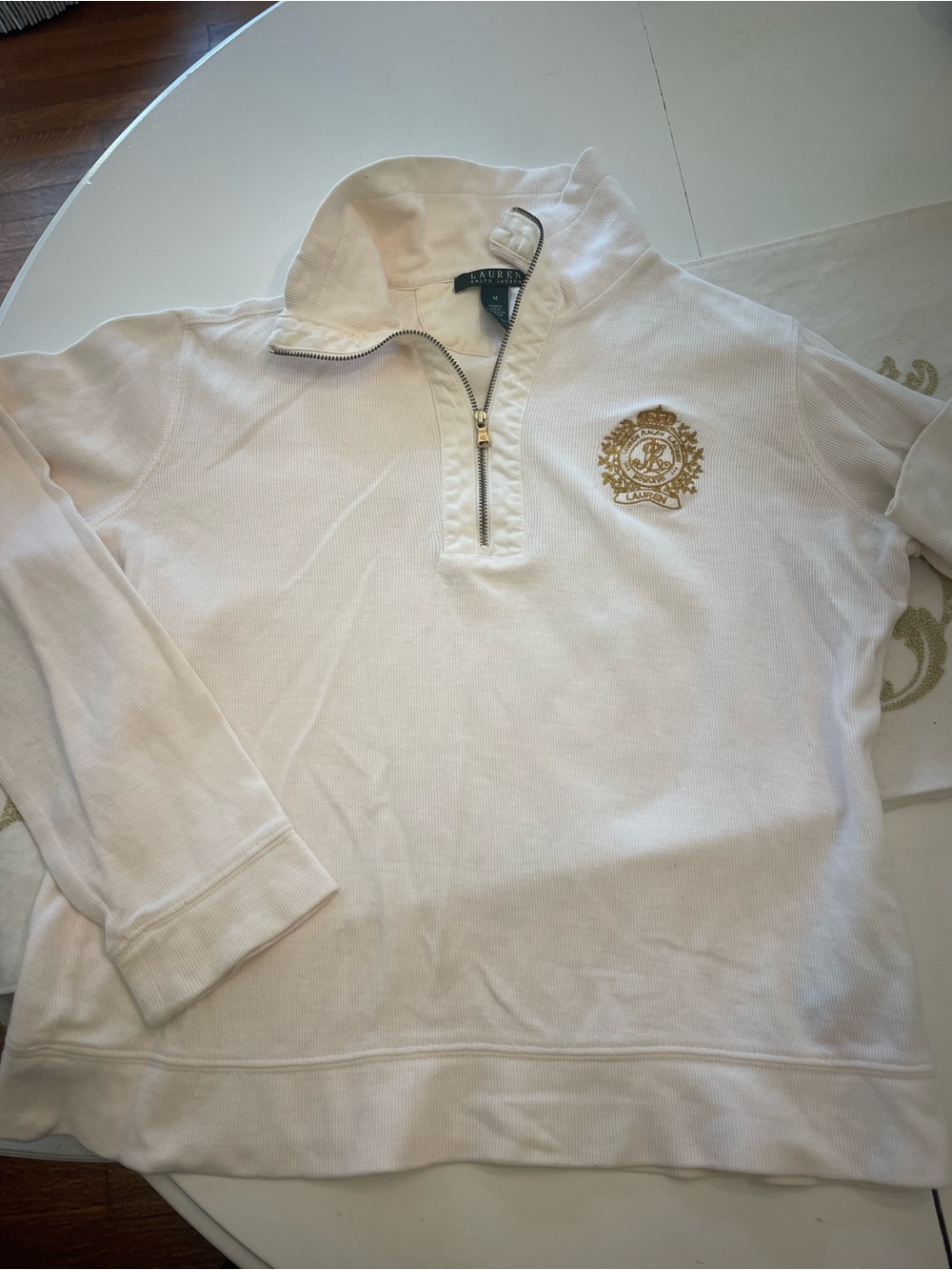 Ralph Lauren White Half-Zip Pullover with Gold Crest